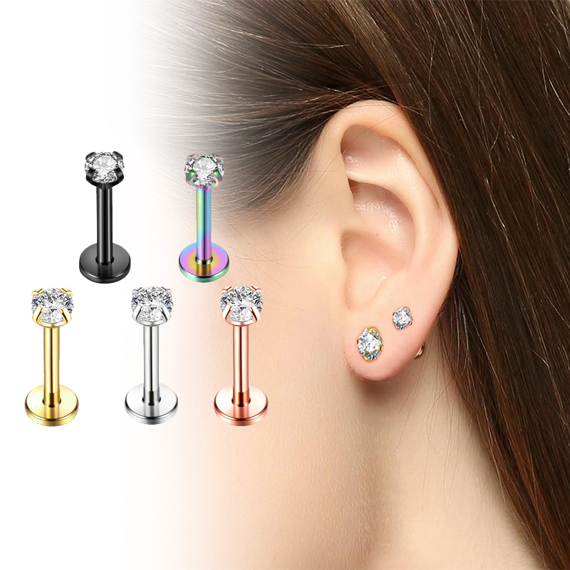 Body Jewelry Titanium - 16Gチタン製インターナルネジ式フラットバックキュービックジルコニアスタッドピアス、ラブレット、トラガス、軟骨、リップ、コンチ、ボディピアスジュエリー