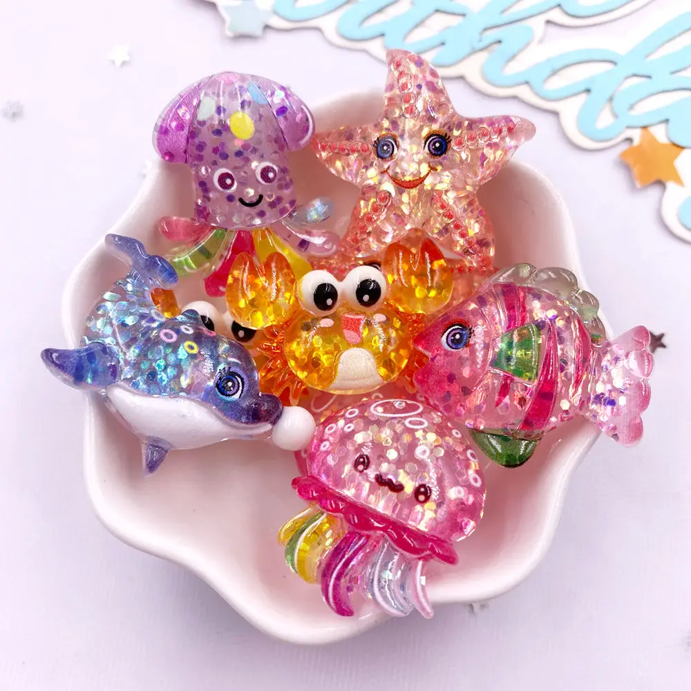 Star Flat Back - 10 個グリッターカラフルな樹脂海の星カニクラゲイルカ海洋動物ヒラタラインストーンスクラップブック DIY 置物装飾クラフト