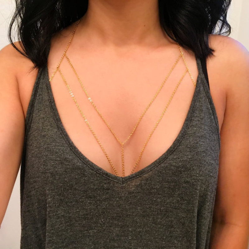 Body Jewelry Retainers - セックス千鳥ボディチェーン女性のためのシンプルなゴールドカラーのレイヤードチェーンボディジュエリー女性の夏の胸のチェーン