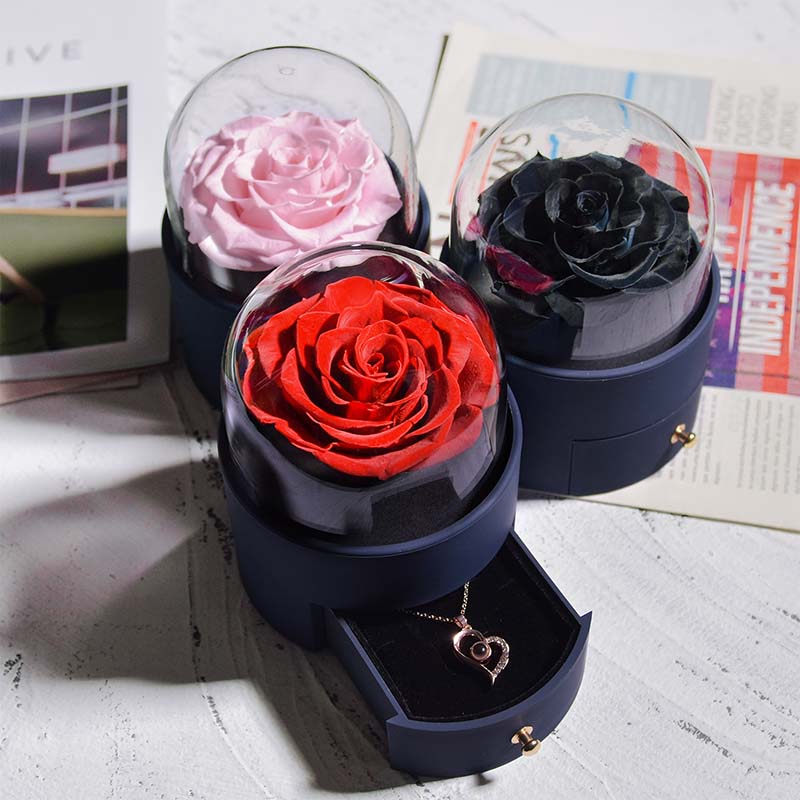 Body Jewelry Display Case - 永遠のバラのジュエリーボックス,保存された花の形をした収納ボックス,ネックレス付き,永遠の愛の誕生日プレゼント,女性と女の子のための