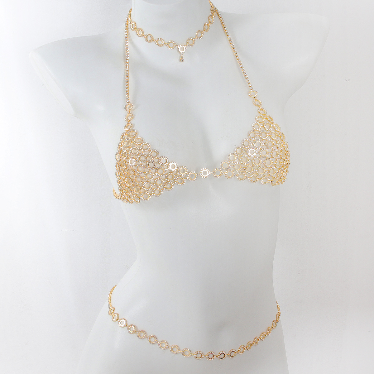 Body Jewelry Retainers - ブラとウエストチェーンのスリーピースセット,ラインストーン付きの円形ジュエリー,スプライスライト,豪華なスタイル,ファッショナブルなボディチェーン
