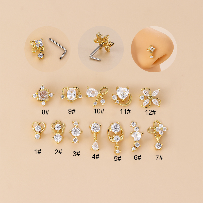 Body Jewelry Nose Ring - 20G L字型キュービックジルコニアノーズスタッド、サージカル316Lステンレス鋼製ノーズリップ耳ピアスジュエリー、女性女の子向けトレンド