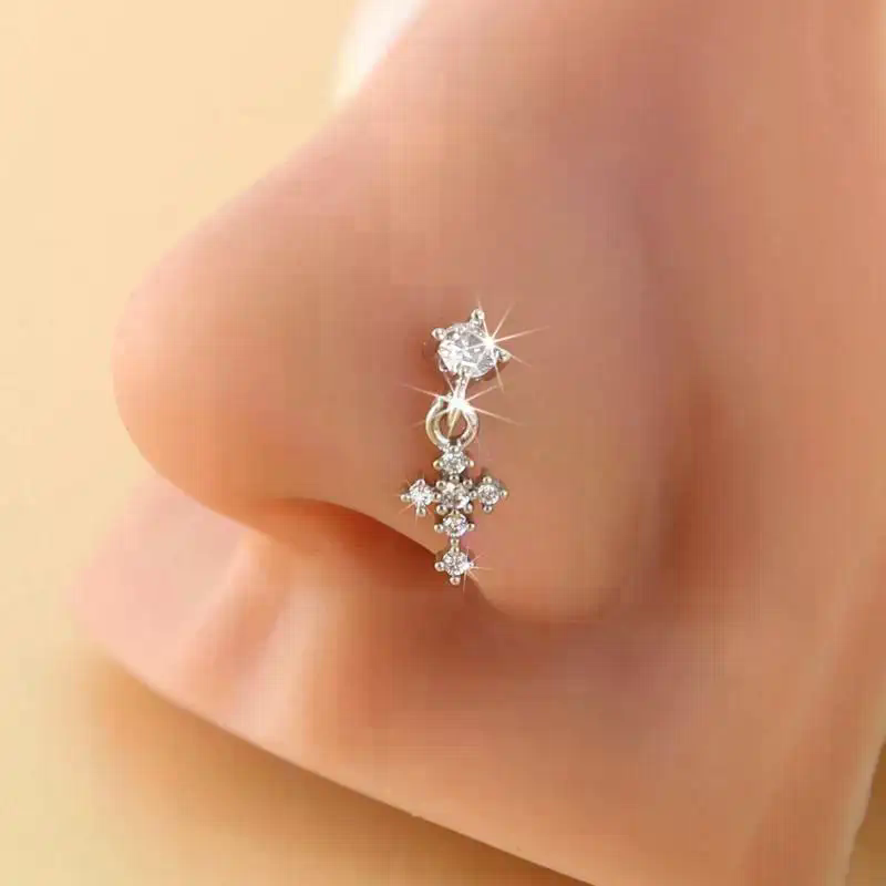 Body Jewelry Nose Ring - 女性用ダングルノーズリング、クロスジルコンノーズピアスジュエリー、L字型ノーズスタッド、ボディジュエリーアクセサリー