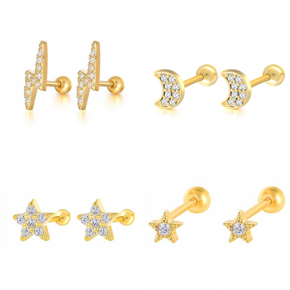 Body Jewelry Flat Back - 星と月のスタッドが付いたイヤリング,女性用,韓国のファッション,ゴールドカラー,ジルコニア,ヘリックス耳珠,ピアス,モダンなボディジュエリー