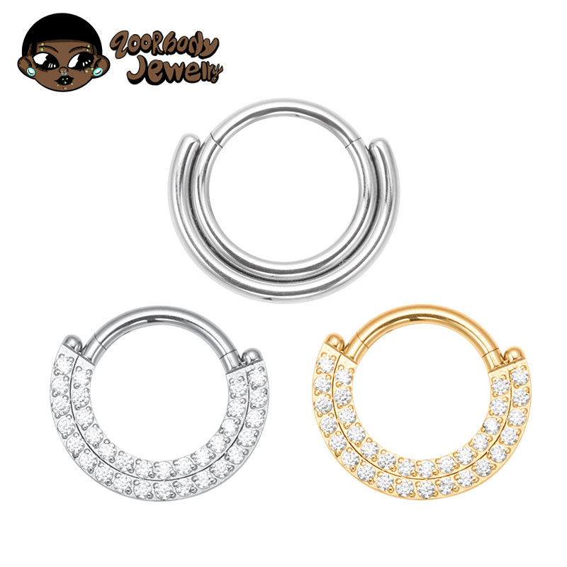 Septum Clicker Ring - ASTM F136 チタンクリッカーセプタムノーズリングセクター CZ Daith イヤリングフープ前面ヒンジセグメントピアスボディジュエリー