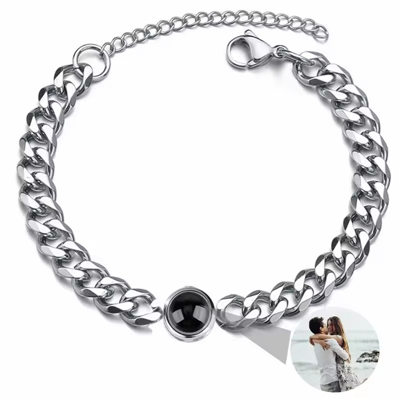 Body Jewelry Titanium - パーソナライズされた写真投影カスタムブレスレット男性女性チタン鋼キューバリンクチェーンブレスレット内側に写真付き