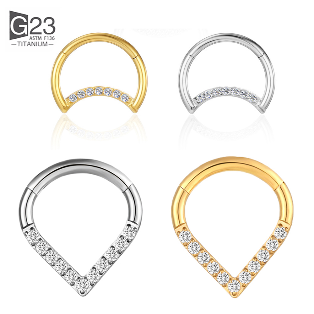Septum Clicker Ring - F136 チタンヒンジ付きティアドロップセグメントリングセプタムノーズクリッカーピアス Cz リップラブレット耳珠軟骨 Daith ヘリックスイヤリング
