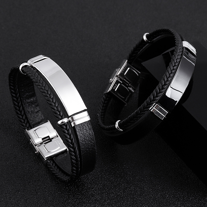 Body Jewelry Titanium - カスタムステンレス鋼ブレスレットシンプルなカジュアルレザー織ブレスレット彫刻チタンレザーブレスレット男性用ステンレス鋼