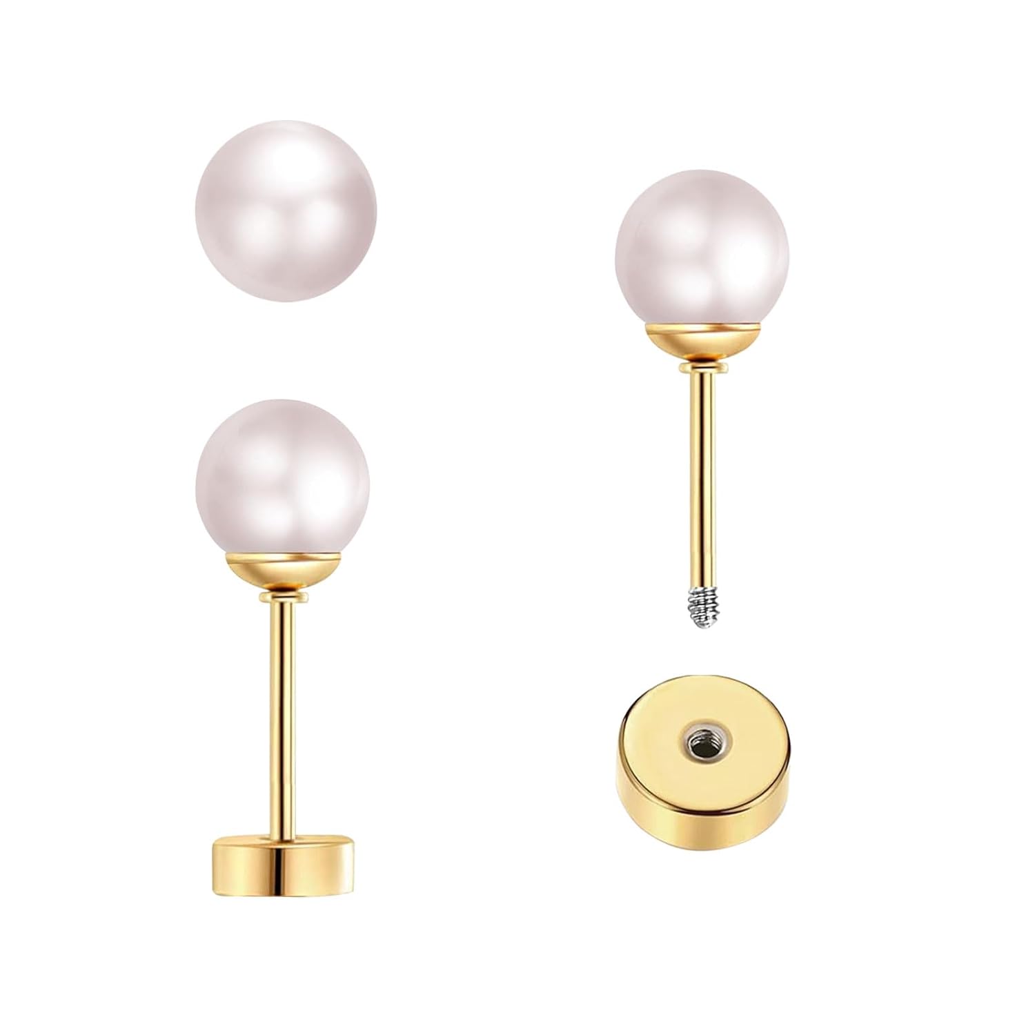 Body Jewelry Flat Back - 3 ペアの小さなパールスタッドピアス フラットスクリューバックスタッド 女性 女の子用 サージカルスチール