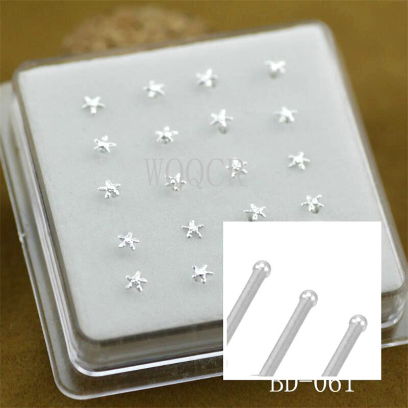 Body Jewelry Display Case - 20個/箱 フロスト加工 星型ノーズネイル 10mm ボールネイル＆新しいノーズリング ピアスジュエリー