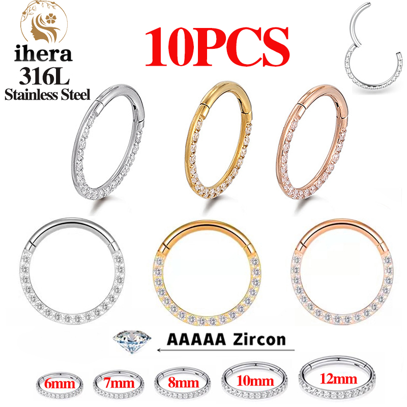 Septum Clicker Ring - 1/10個入り ステンレス製ノーズリング セプタムクリッカー CZジルコン ヒンジ付きセグメント ラウンドイヤリング