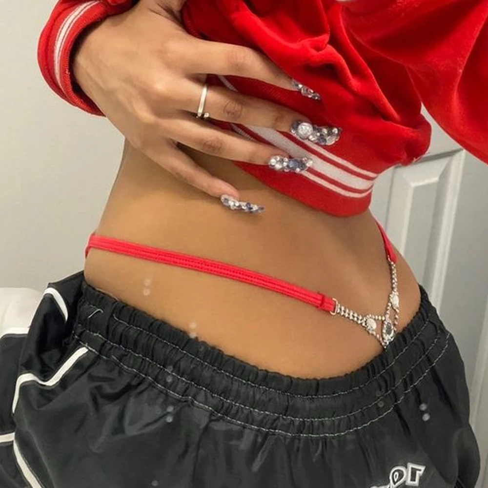 Body Jewelry Retainers - 女性のための丸いラインストーンのひも,調節可能なボディアクセサリー,セクシーなgストリング,水滴,クリスタルビキニのパンティー,チェーン水着