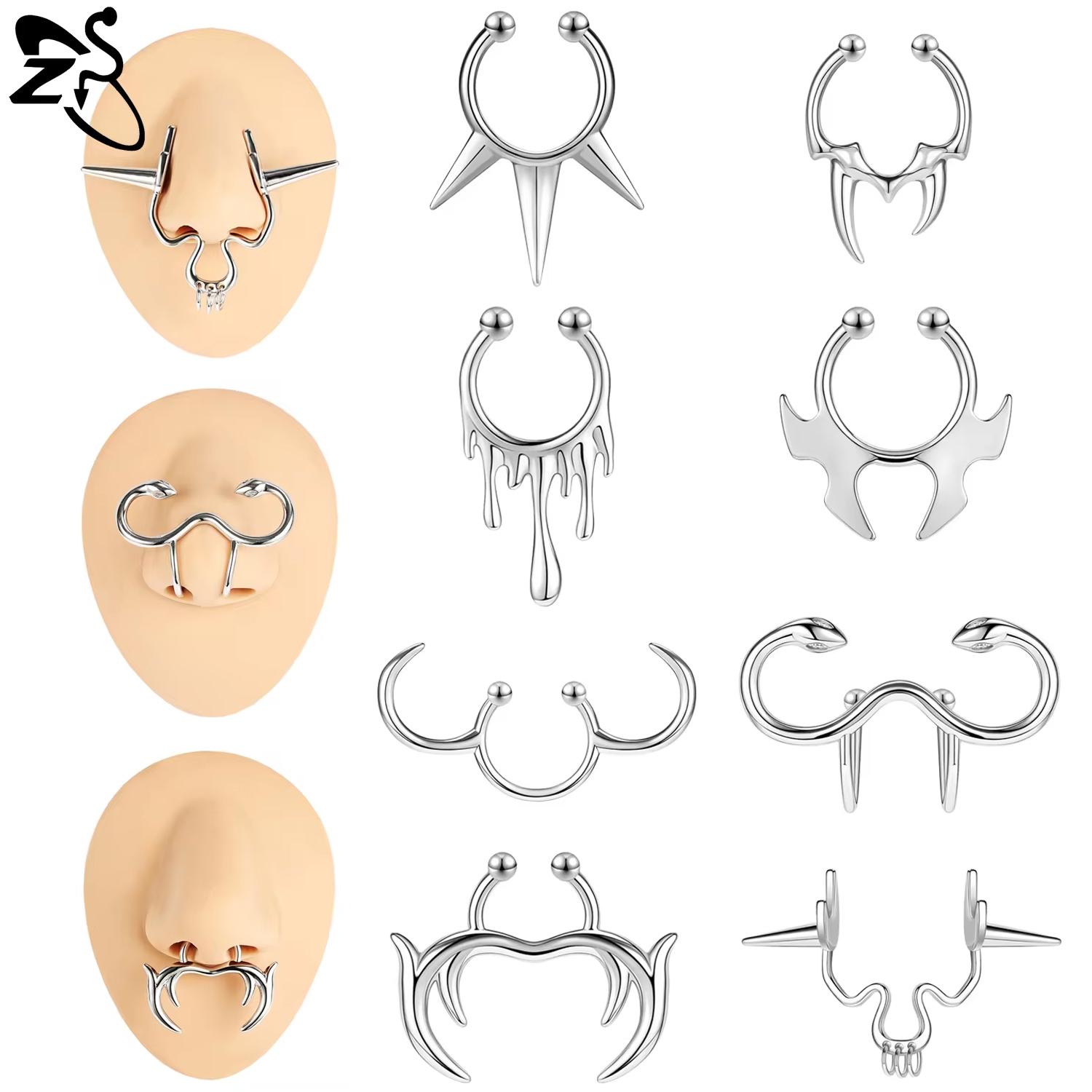 Body Jewelry Nose Ring - Zs-男性と女性のためのパンクスタイルの偽のセプタムリング、不規則な鼻の袖口、ピアスなし、クリップオン、セプタムジュエリー、1個