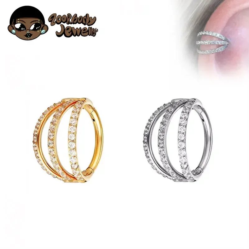 Septum Clicker Ring - G23 チタンヒンジセグメント鼻リング 3 層 CZ セプタムクリッカー