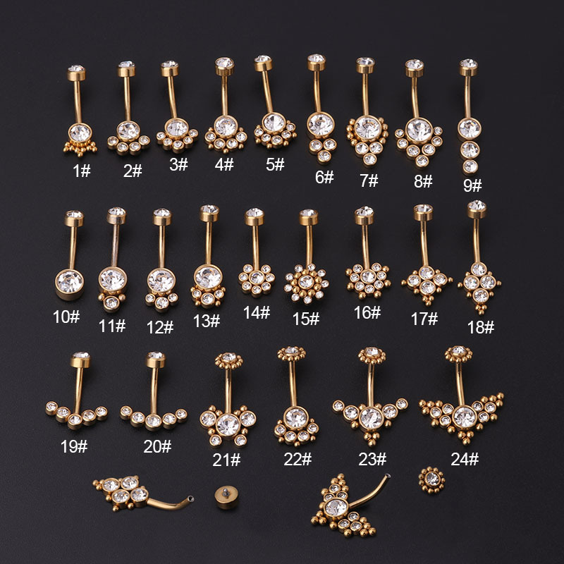 Body Jewelry Titanium - ジルコンゴールデンへそピアスステンレス鋼ピアス14Gロッドゴールドカラーへそバー体飾り女性ビーチアクセサリー