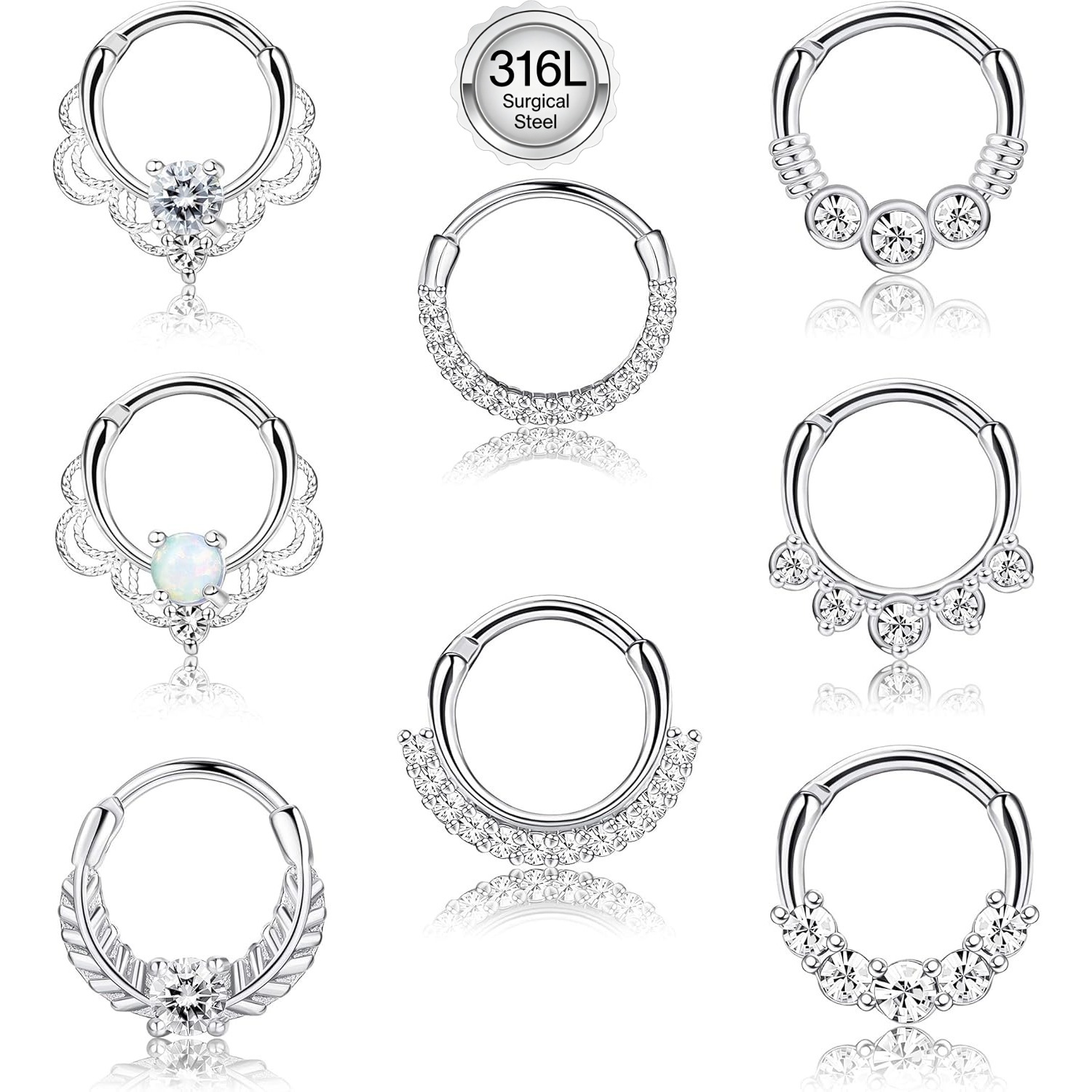 Septum Clicker Ring - Drperfect 16 グラムセプタムクリッカーリングステンレス鋼 CZ オパール軟骨ヘリックス珠 Daith