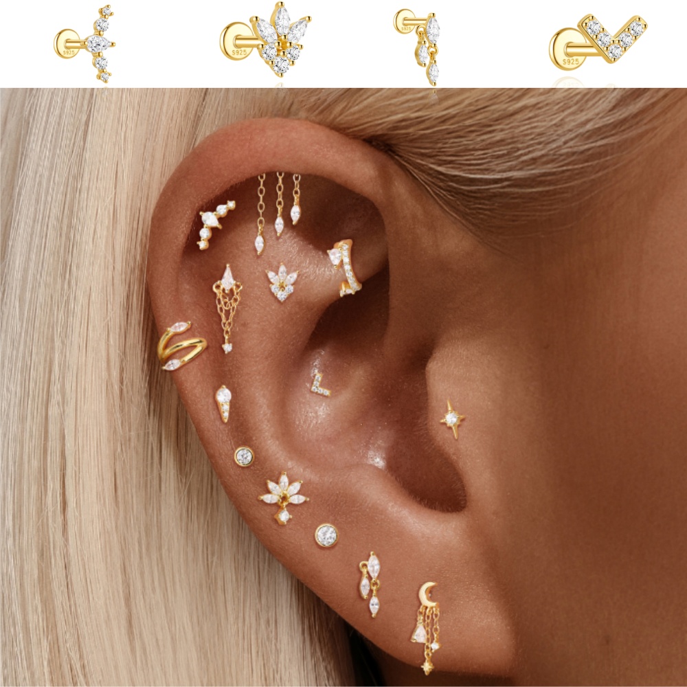 Body Jewelry Flat Back - BOAKO 1PC 925 スターリングシルバー CZ フラットピアスイヤリング、八角形