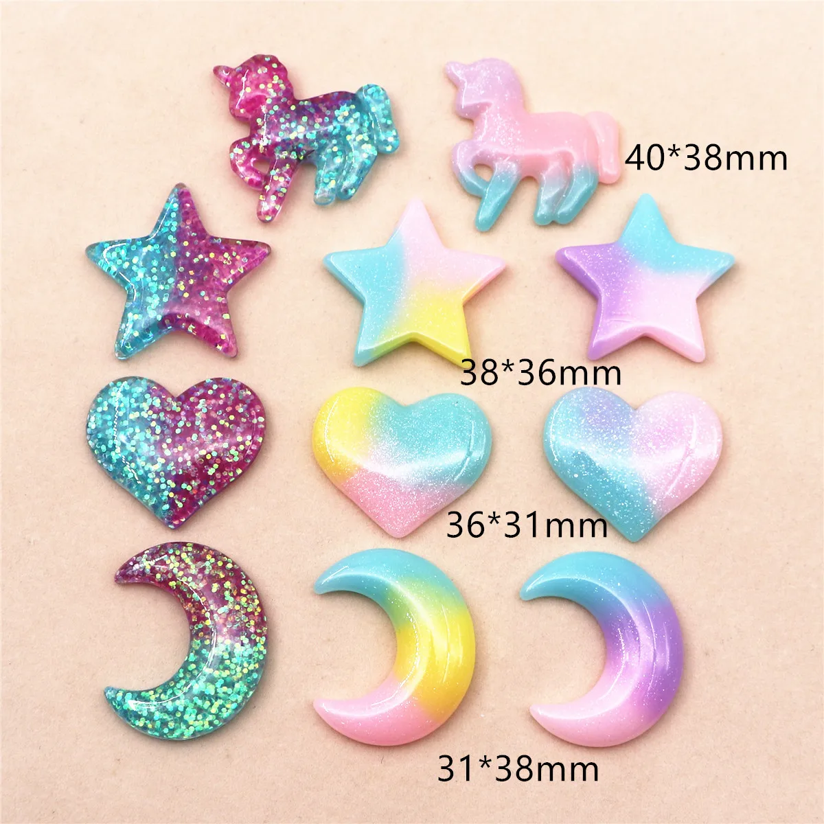 Star Flat Back - 10 個の愛らしい樹脂グリッター 5 つ星/ハート/ムーン/ユニコーン フラットバック カボション