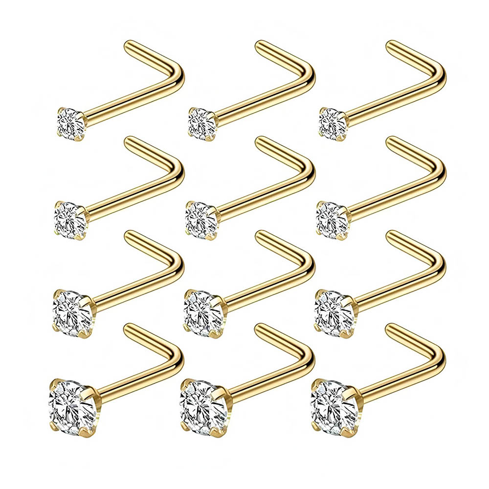 Body Jewelry Nose Ring - 12個入りフルセット 316L低アレルギー性L字型ノーズスタッド マルチサイズCZダイヤモンドノーズリング 1.5～3mmピアススタッド 女性用