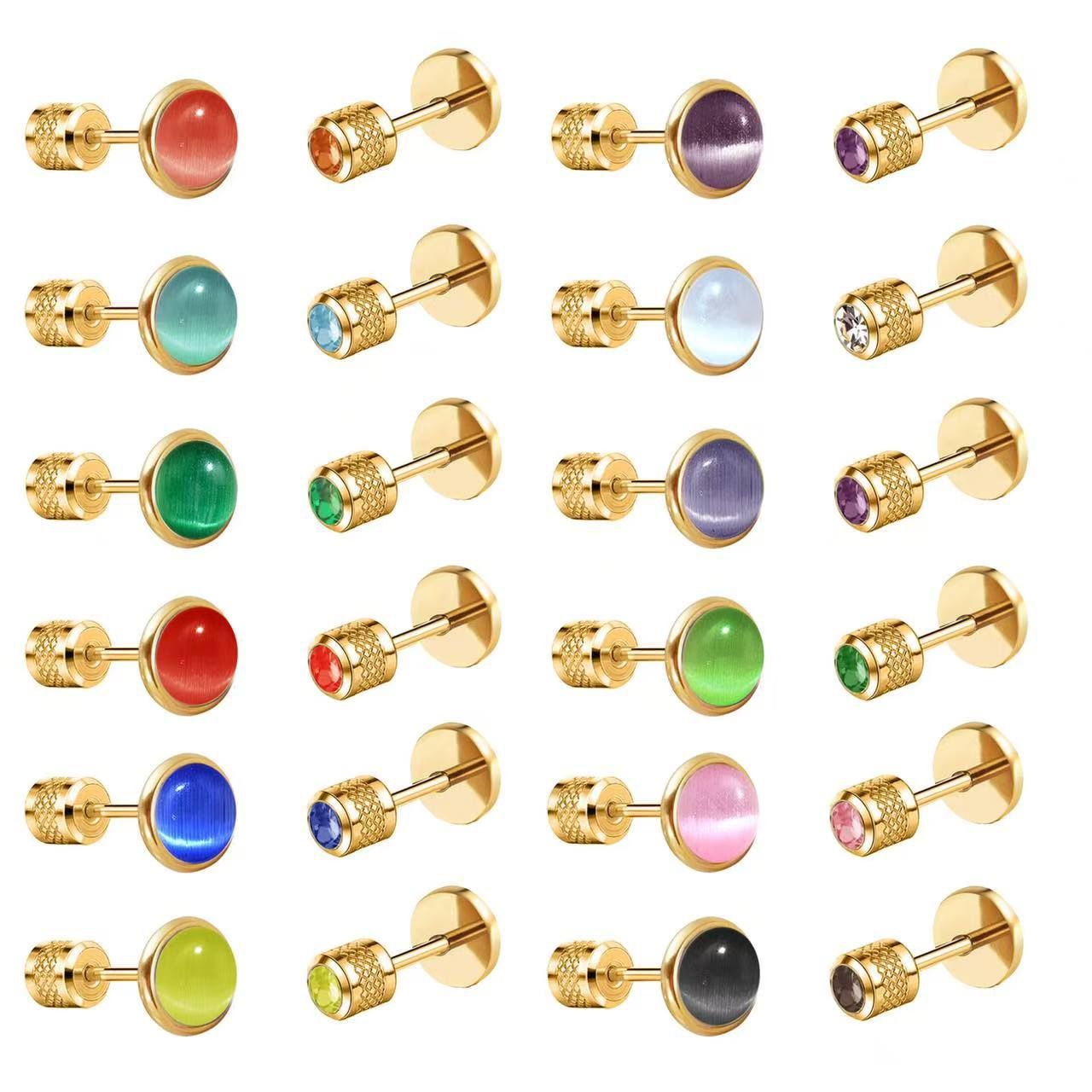 Body Jewelry Flat Back - 誕生石スタッドピアス 女性用、18Kゴールドメッキステンレススチール キャッツアイストーン フラットバック、繊細な普段使いジュエリー