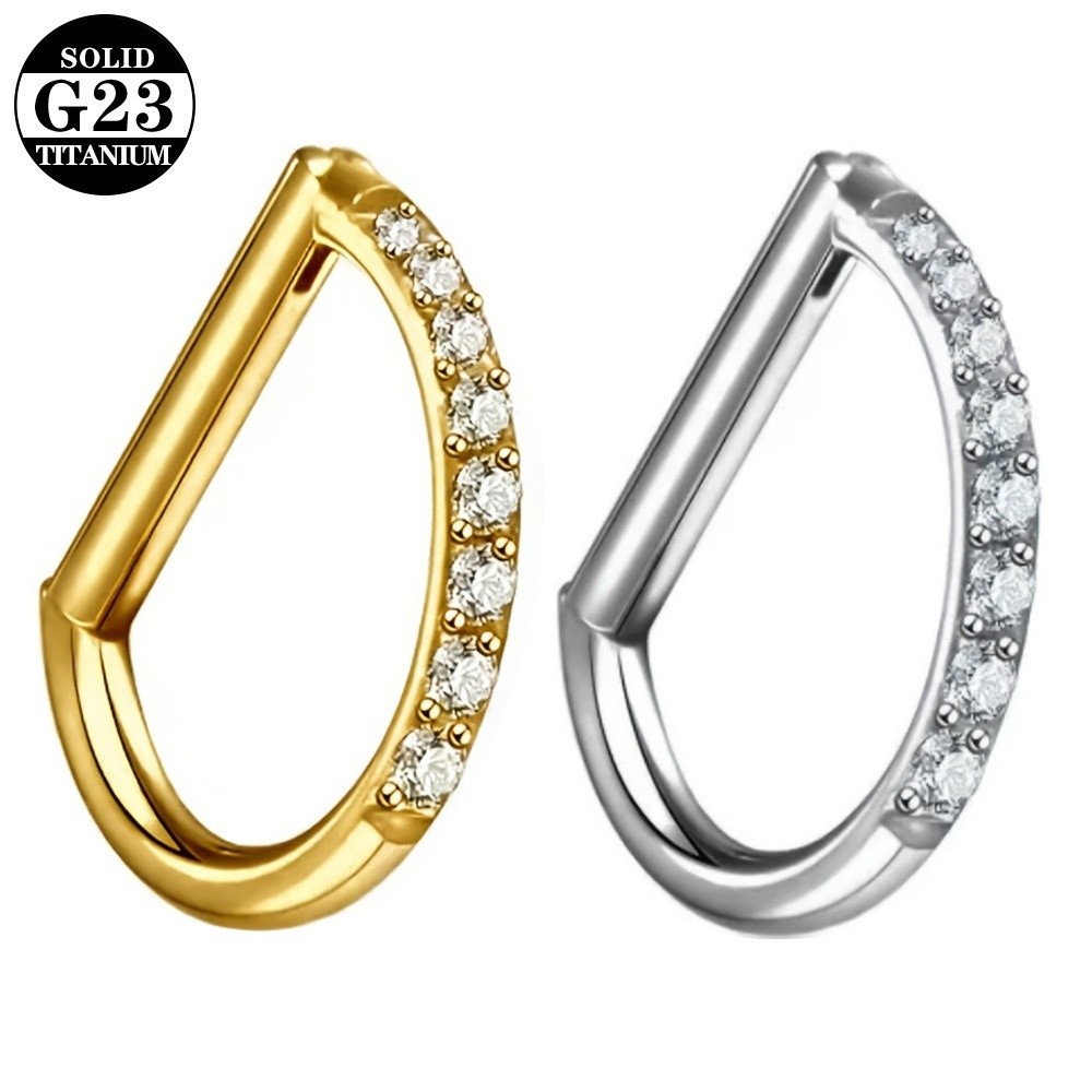 Septum Clicker Ring - ASTM F136規格チタン製セプタムリング CZ 16G D型耳軟骨ピアス ヒンジ付きセグメントクリッカー