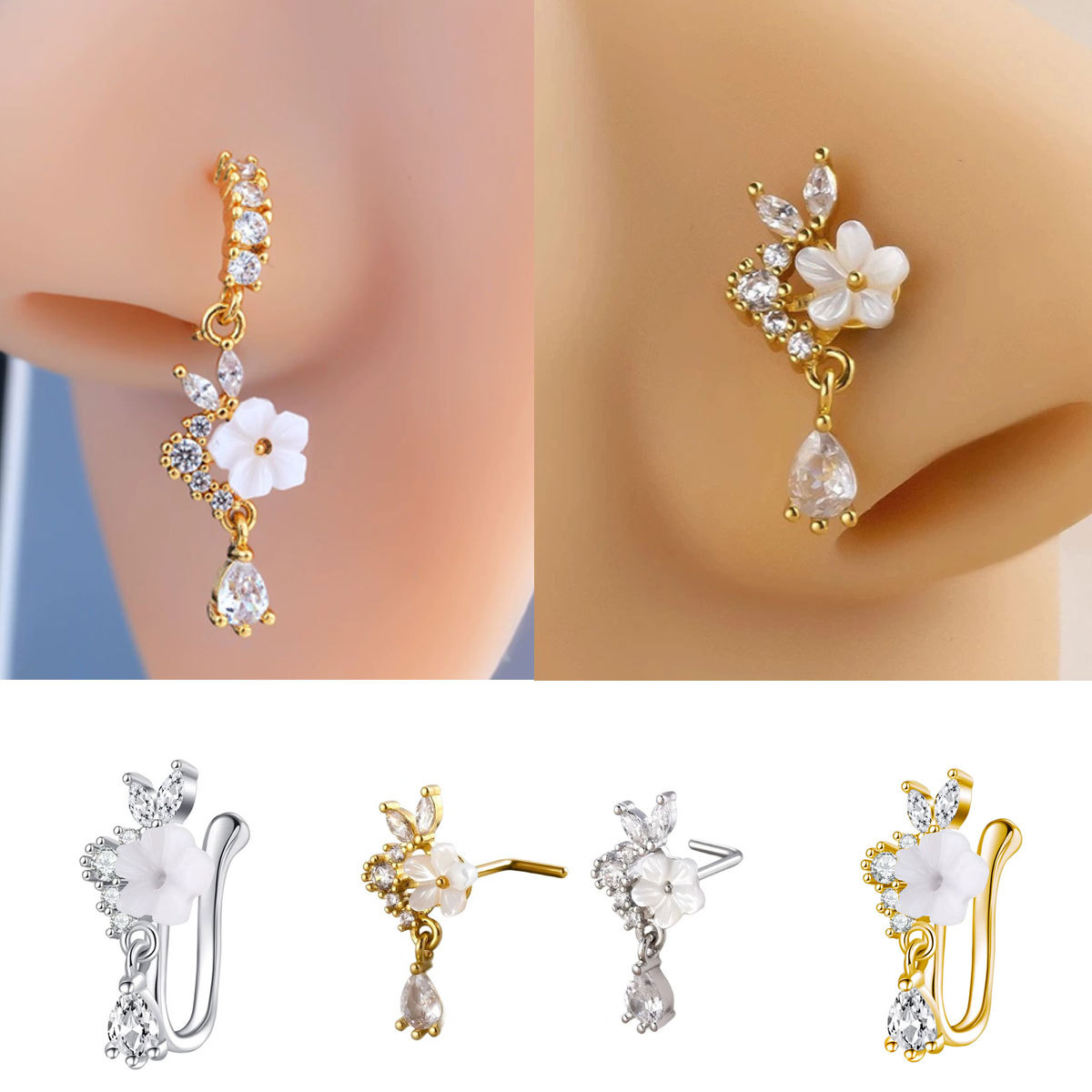 ゴールドフラワーノーズリング、CZクリスタルティアドロップノ - Body Jewelry Nose Ring のレビューと価格