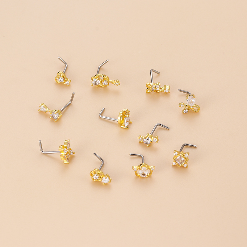 20G L字型キュービックジルコニアノーズスタッド、サージカ - Body Jewelry Nose Ring のレビューと価格