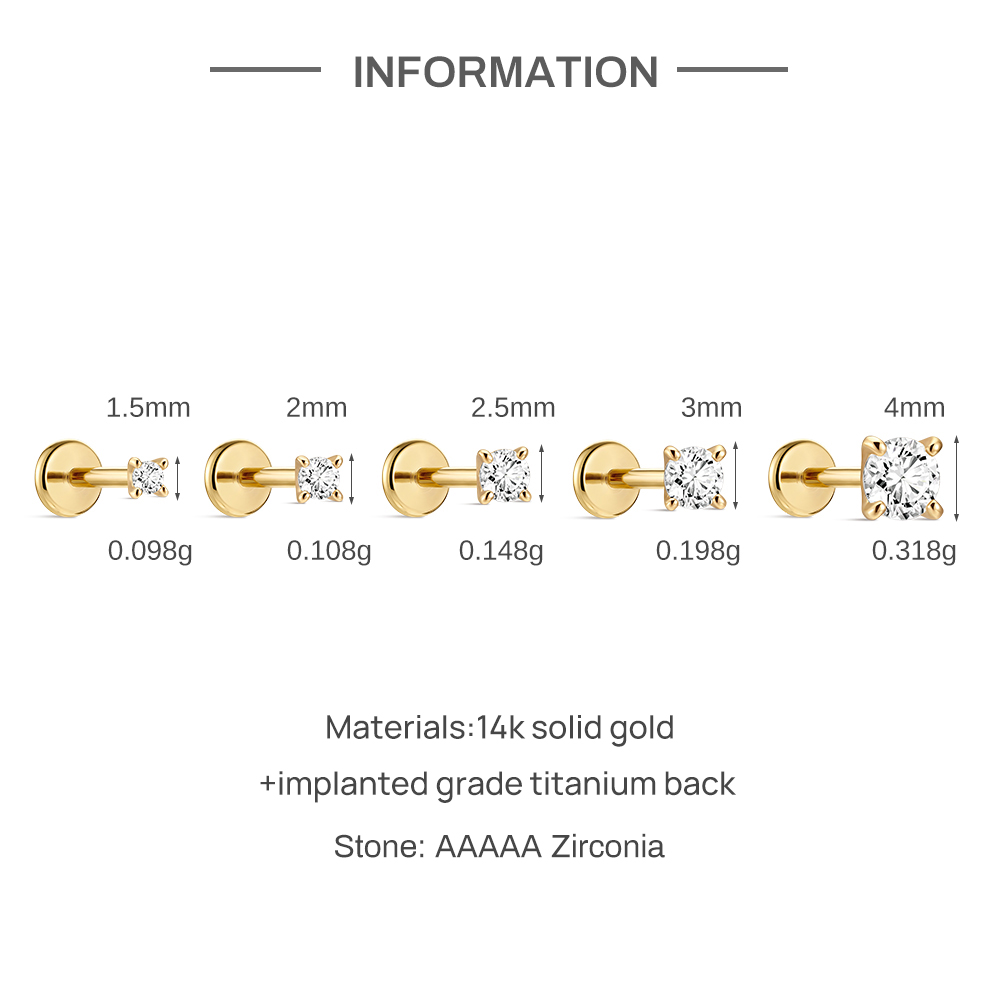 AIDE 14K ソリッドゴールド ミニ 4 本爪ピアス女性 - Body Jewelry Flat Back のレビューと価格