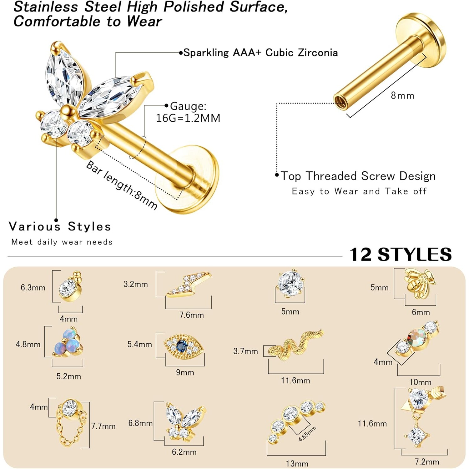 ボビスティ 1個 軟骨ピアス スタッド レディース サージカ - Body Jewelry Flat Back のレビューと価格