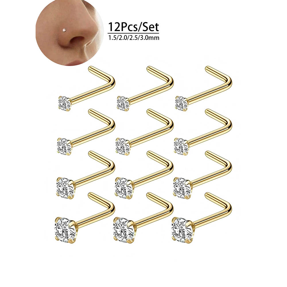 12個入りフルセット 316L低アレルギー性L字型ノーズスタ - Body Jewelry Nose Ring のレビューと価格